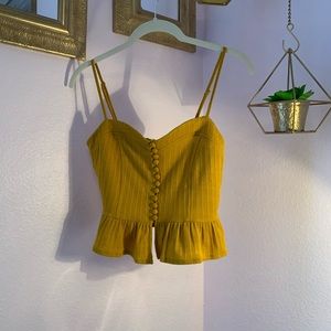 Mustard yellow button up flounce crop top tank top